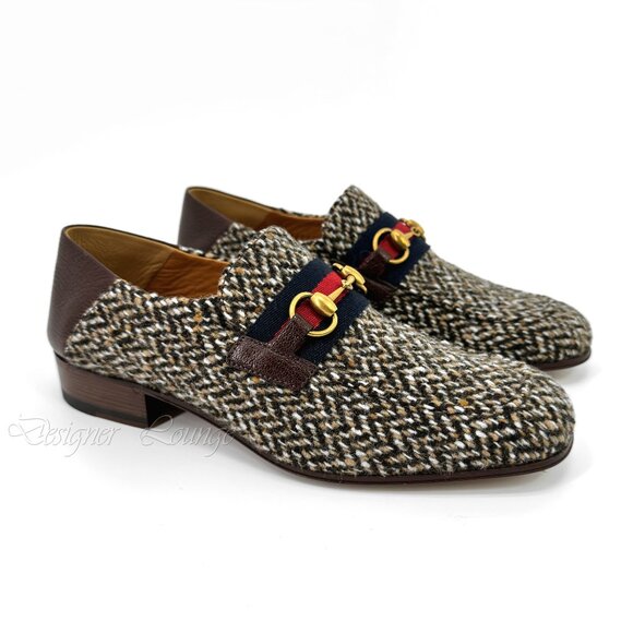 NEW GUCCI Horsebit Herringbone Tweed & Leather Loafers G 8 / US 8.5 Authentic - Picture 4 of 10